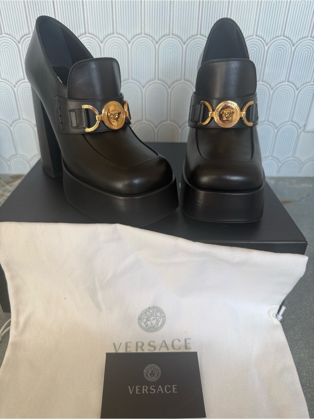 Versace Black Medusa Aevitas Platform Block Heels with Gold Medusa Accent